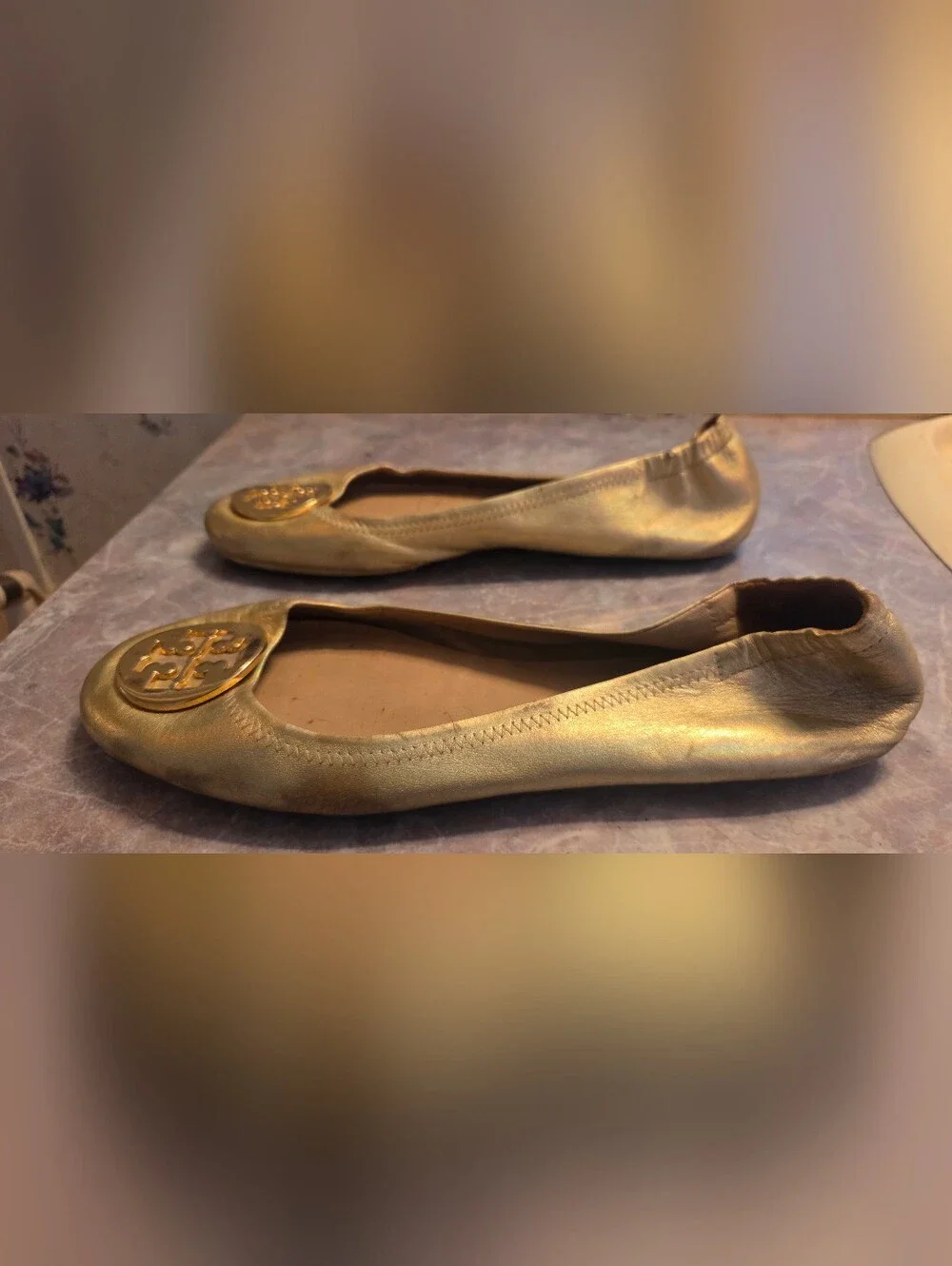 Tory Burch Metallic Gold Logo Ballet Flats